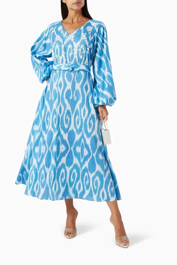 Philomena Printed Belted Midi Dress in Cotton