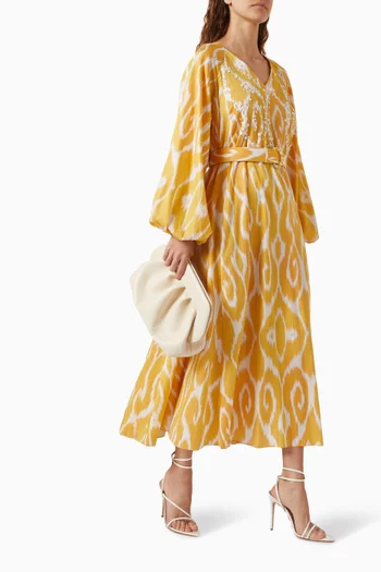 Philomena Printed Belted Midi Dress in Cotton