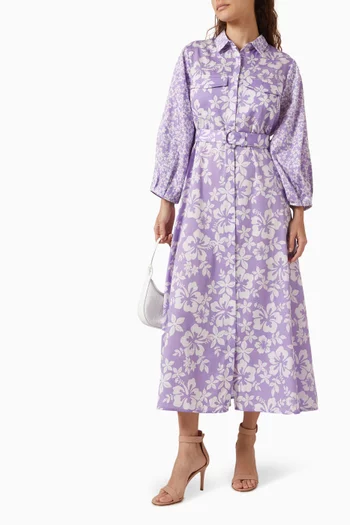Lana Floral Belted Midi Dress in Cotton
