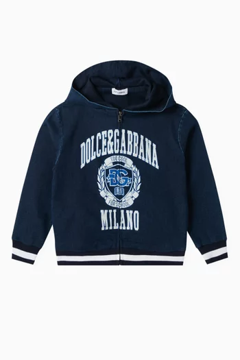 Logo Zip Hoodie in Denim