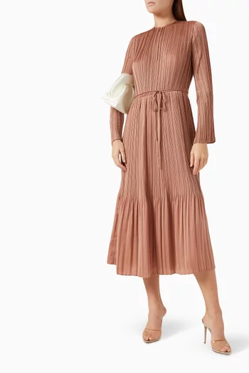 Pleated Long-sleeve Midi Dress in Satin