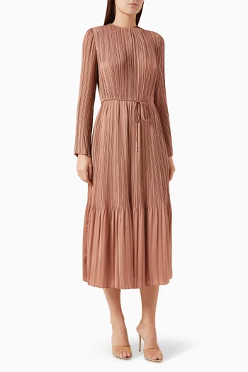 Pleated Long-sleeve Midi Dress in Satin