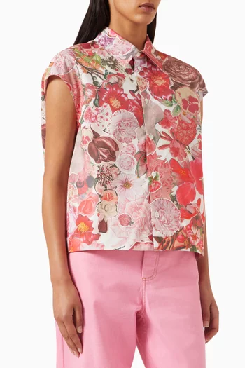 Floral-print Cap-sleeve Shirt in Cotton-poplin
