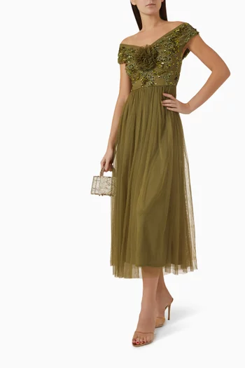 Floral Embellished Bardot Midi Dress in Tulle