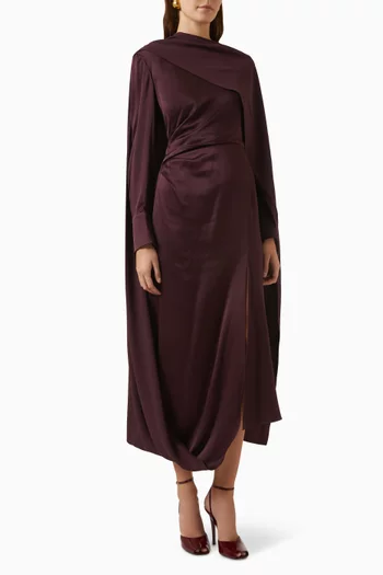 Draped Cape Midi Dress in Satin Cady