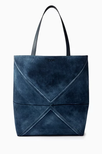 XL Puzzle Denim-effect Fold Tote Bag in Suede