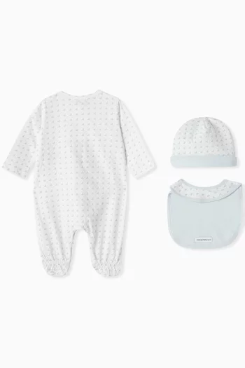 All-over Logo Sleepsuit, Bib & Hat Set in Cotton
