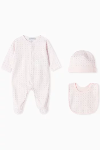All-over Logo Sleepsuit, Bib & Hat Set in Cotton