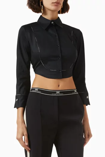 Logo Band Cropped Shirt in Stretch Poplin