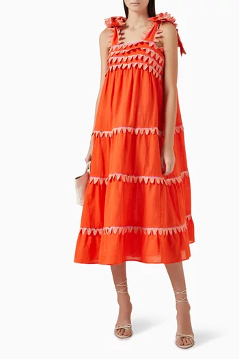 Kelly Embroidered Midi Dress in Linen Blend