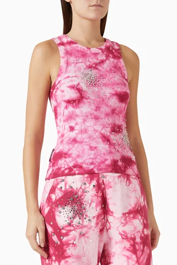 Crystal-embellished Tie-dye Tank Top in Cotton Rib-knit