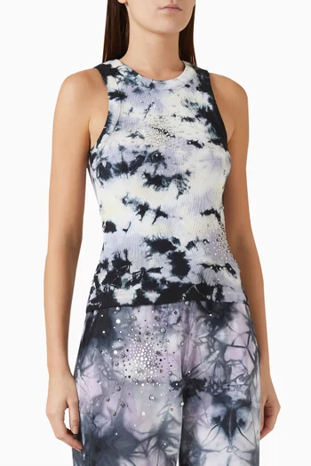 Crystal-embellished Tie-dye Tank Top in Cotton Rib-knit