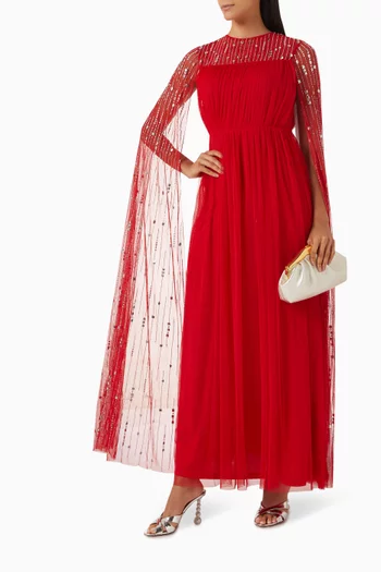 Beaded Cape-sleeve Maxi Dress