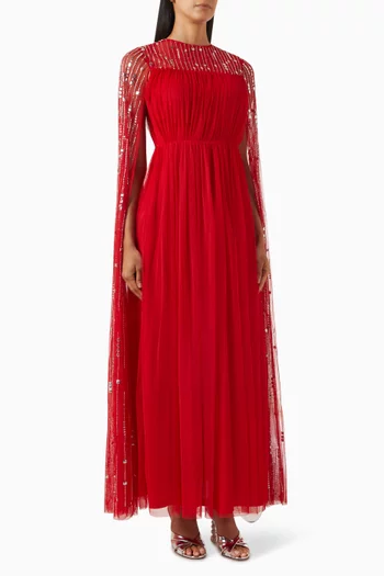 Beaded Cape-sleeve Maxi Dress