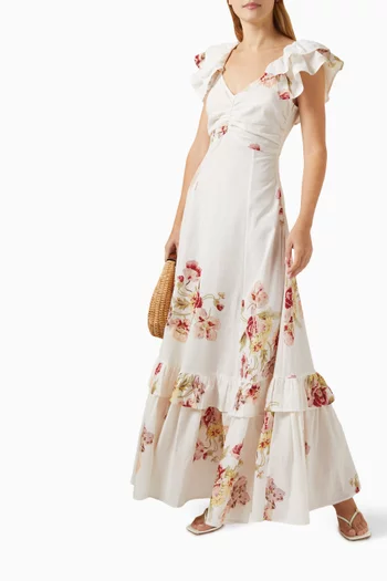 Floral-print Flounce Dress in Cotton-blend