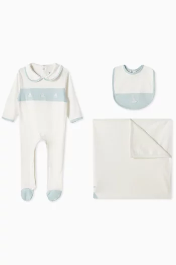Sailboat Sleepsuit, Bib & Blanket Set in Organic Cotton