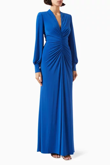 Balloon-sleeve V-Neck Gown in Stretch-jersey