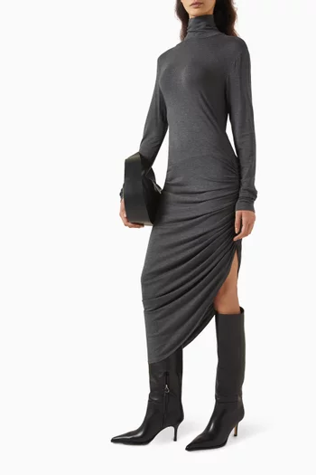 High-neck Drape Midi Dress in Poly Lycra