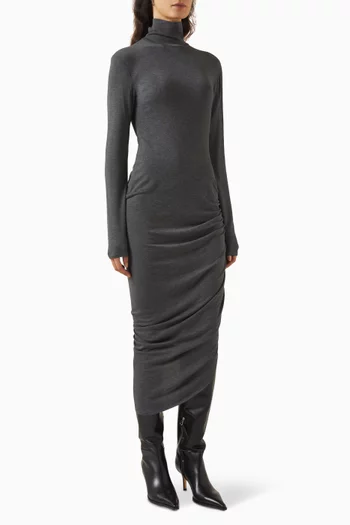 High-neck Drape Midi Dress in Poly Lycra