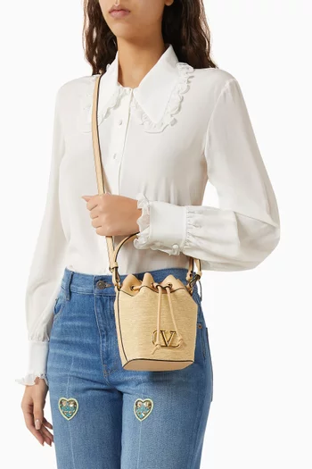 Mini VLogo Signature Bucket Bag in Raffia