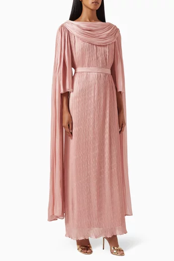 Belted Cape-sleeve Maxi Dress