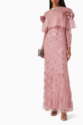 Floral-appliqué Sequin Maxi Dress in Tulle
