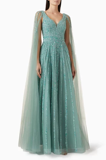 Cape-sleeve Embellished Gown in Tulle