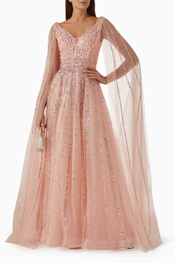 Cape-sleeve Embellished Gown in Tulle