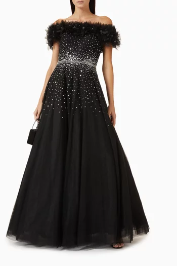 Embellished Off-shoulder Gown in Tulle