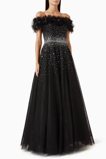 Embellished Off-shoulder Gown in Tulle