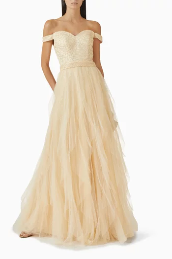 Embellished Off-shoulder Ruffled Gown in Tulle