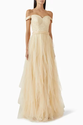Embellished Off-shoulder Ruffled Gown in Tulle
