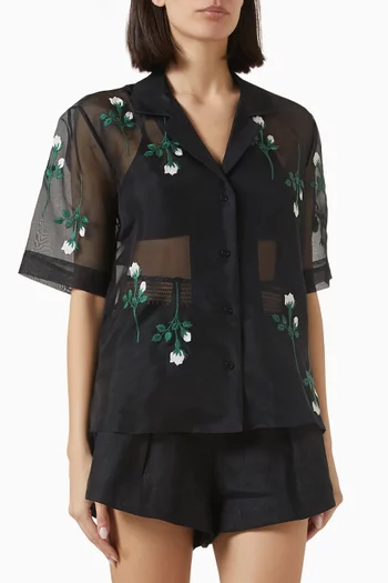 Rosebud-embroidery Camp Shirt in Silk