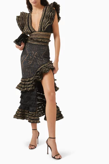 Ruffled Lace-trim Midi Skirt