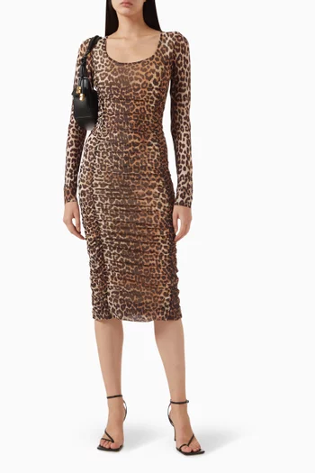 Leopard-print Ruched Midi Dress in Mesh