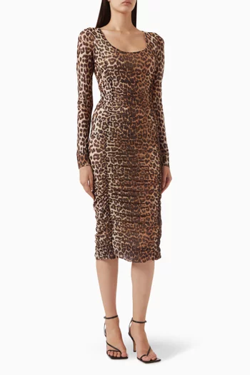 Leopard-print Ruched Midi Dress in Mesh
