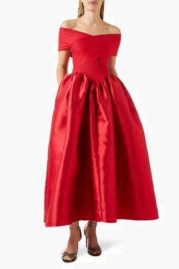 Off-shoulder Full Skirt Gown in Mikado & Jersey