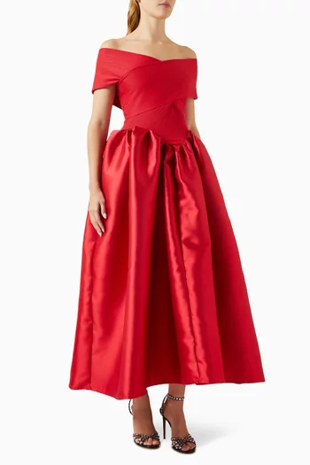 Off-shoulder Full Skirt Gown in Mikado & Jersey