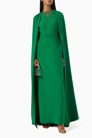 Embellished Cape Maxi Dress in Crepe
