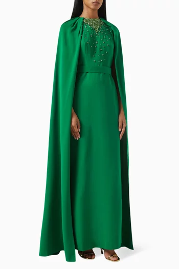Embellished Cape Maxi Dress in Crepe