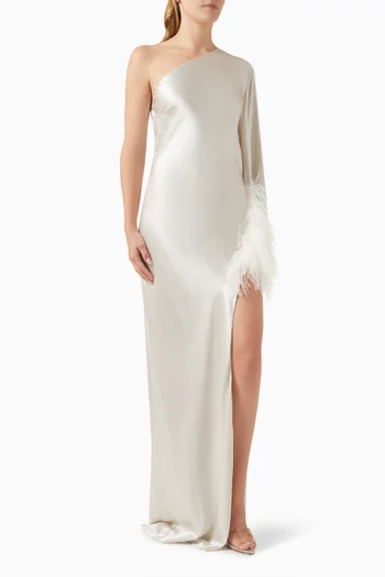 One-shoulder Feather-trimmed Gown in Silk-satin