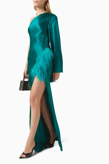 One-shoulder Feather-trimmed Gown in Silk-satin