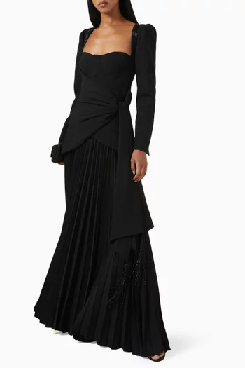Gathered-front Long-sleeve Gown in Crepe