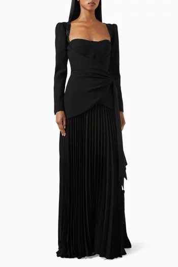 Gathered-front Long-sleeve Gown in Crepe