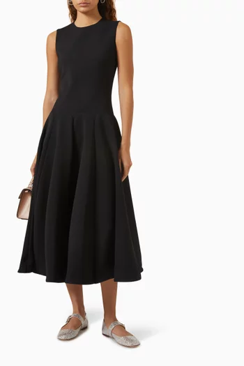 Fit-and-Flare Midi Dress in Wool-crepe