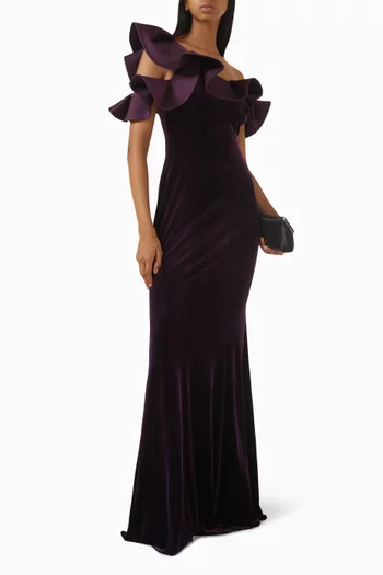 One-shoulder Ruffle Gown in Velvet