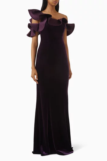 One-shoulder Ruffle Gown in Velvet