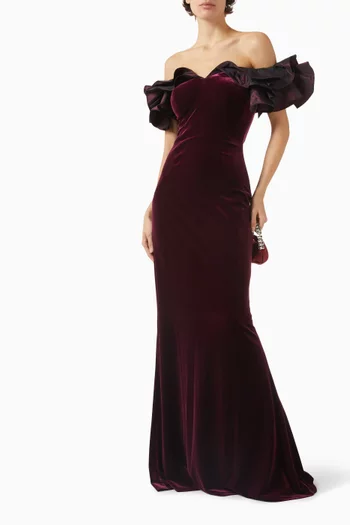 Ruffled-trim Evening Gown in Stretch Velvet