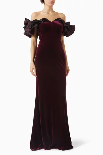Ruffled-trim Evening Gown in Stretch Velvet