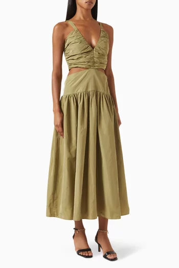 Pleated Cutout Midi Dress in Tafetta